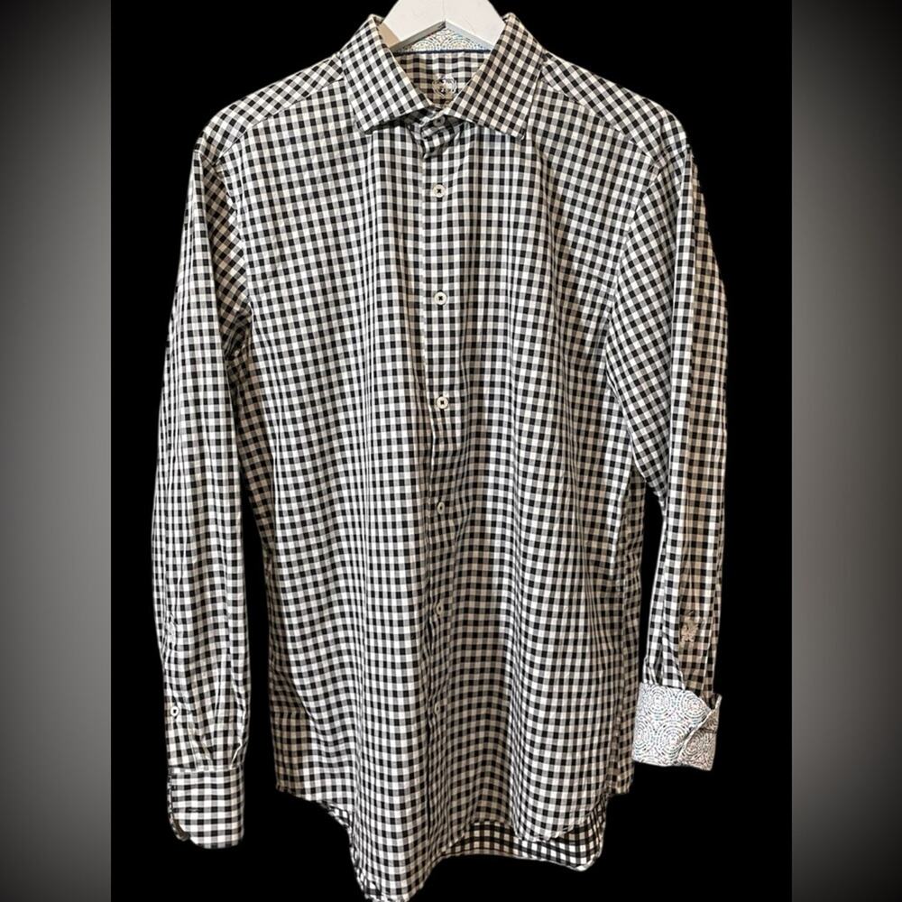 Bugatchi Uomo Black & White Checkered Button-Up – Men’s 16.5, Flip Collar,